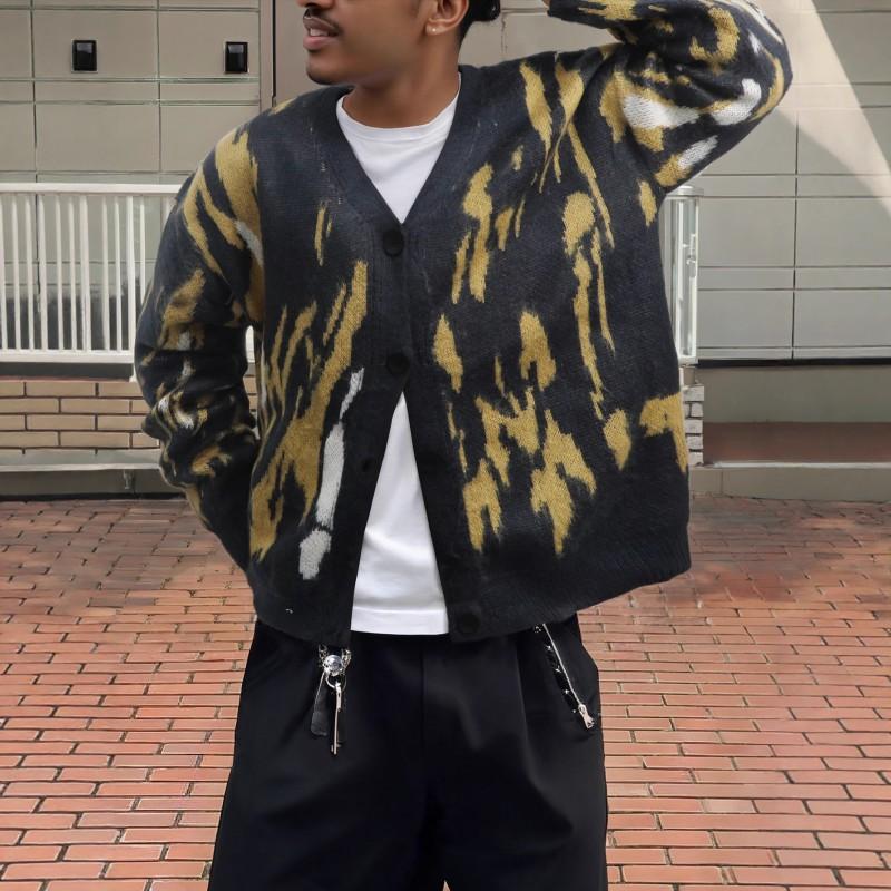 Mens Street Style Knit Cardigan Fall Loose Fit Color Block Sweater Casual Long Sleeve Top Teens