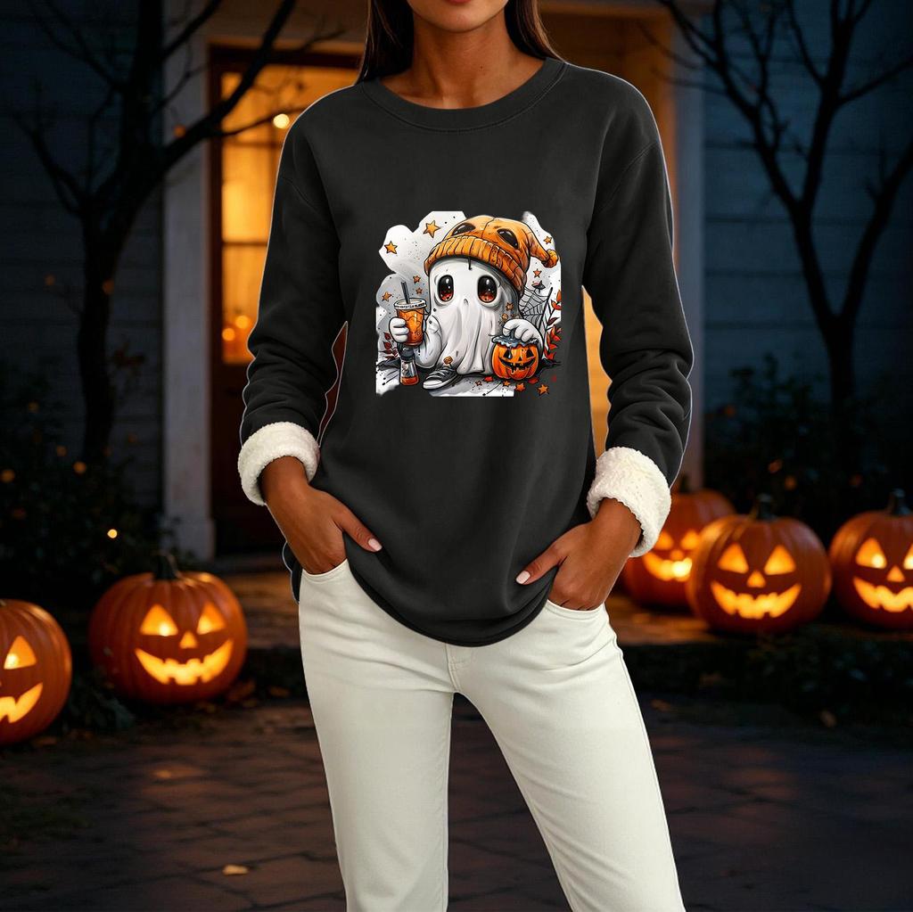 Women's Lined Long Sleeve Neck Halloween Print Top