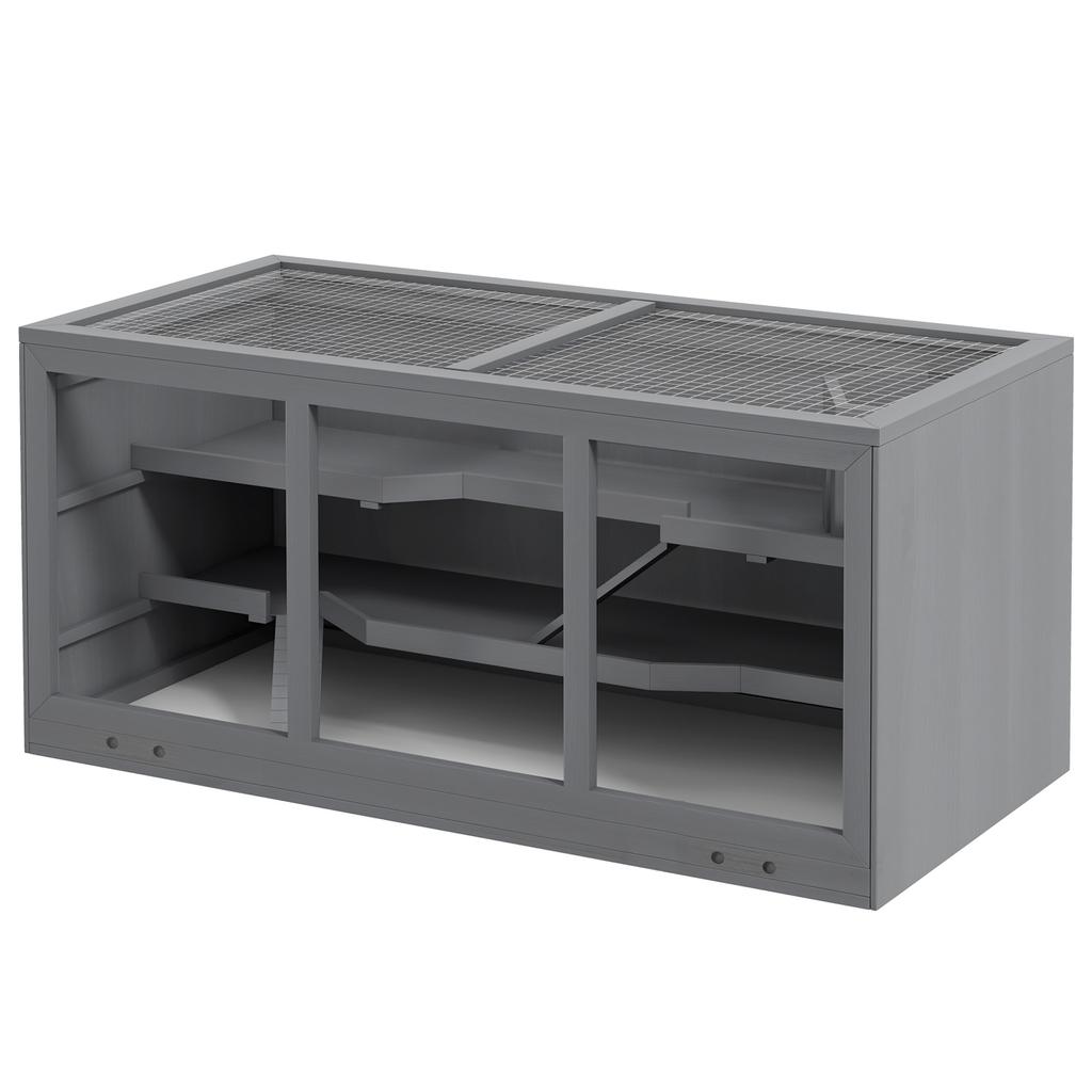 Wooden Hamster Cage, Small Animals Hutch with Tray, Openable Top, Exercise Play House Pen, 115L x 57W x 55Hcm, Grey