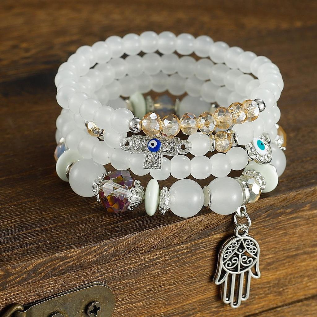 Dámský náramek s vícevrstvými korálky, evropský a americký bohémský přívěsek s motivem zlého oka a palmy