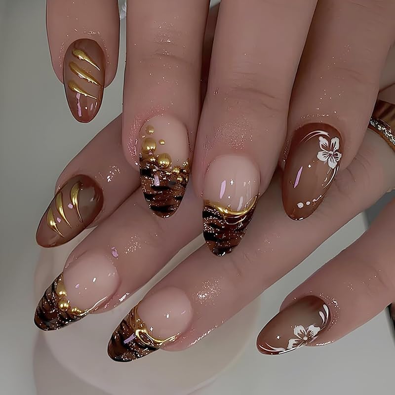 24Pcs Leopard Print French Tip Press On Nails Medium Almond Fake Nails Bow Glue On Nail 3D Pearl Gems Cute False Nails French Stick On Nail Bow
