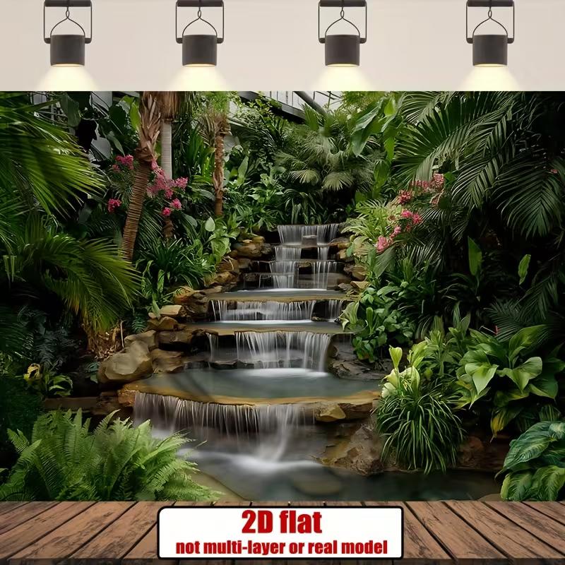 

2D Jungle Garden Tapestry, Multi-level Waterfall with Exotic Palm Trees and Ferns Wall Decor 47.2x31.5inch/120*80cm