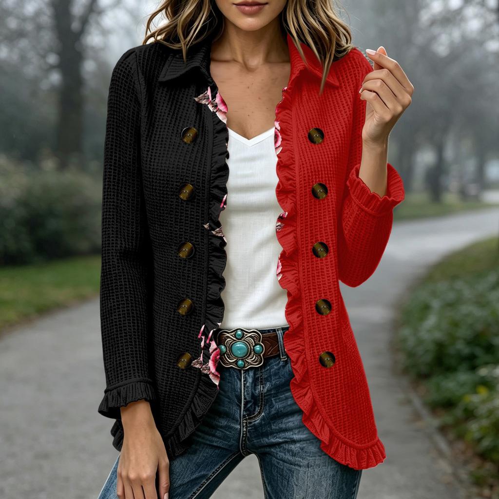 Women's Fashion Floral Print Long Sleeve Ruffle Open Front Cardigan for Casual Wear