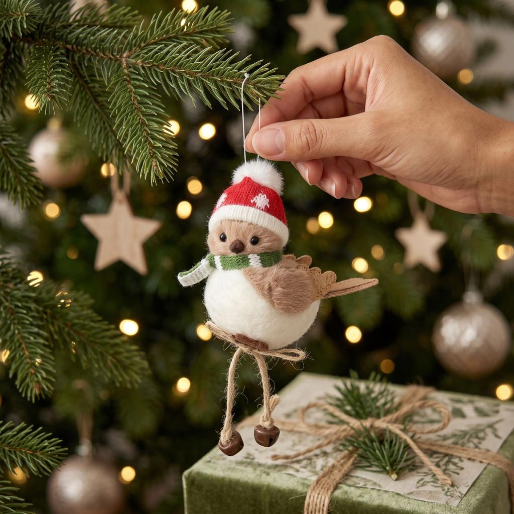 Lifelike Bird Christmas Tree Ornament with Red Hat and Scarf - Cute Hanging Holiday Decoration