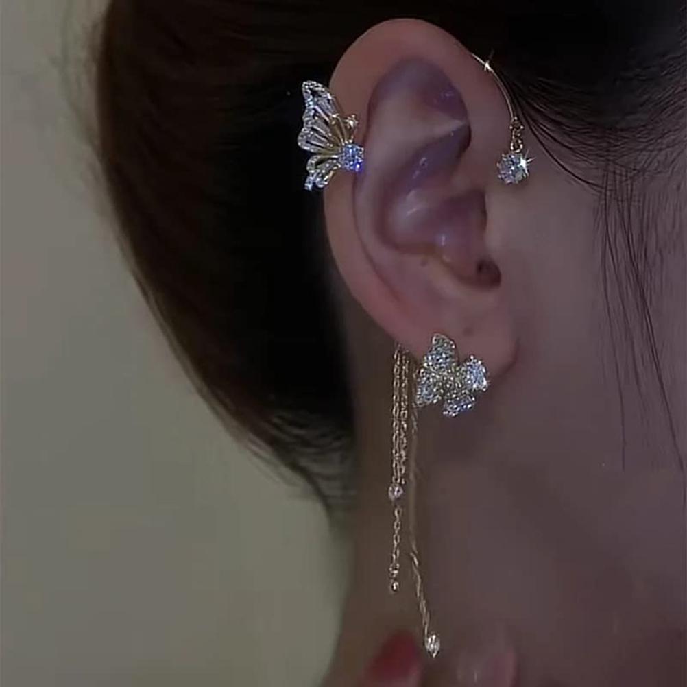 Vlinder Kwast Stijl Zirconia Oorbellen voor Vrouwen Meisjes Geen Piercing Vlinder Bloemen Kwasten Lange Oorbellen Clips Kristallen black