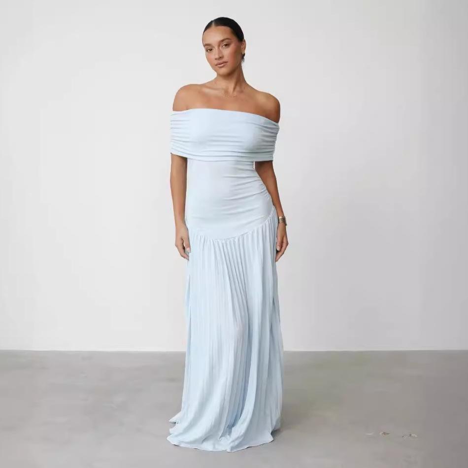 

Элегантное плиссированное французское платье на одно плечо 2024 года L светло-синий