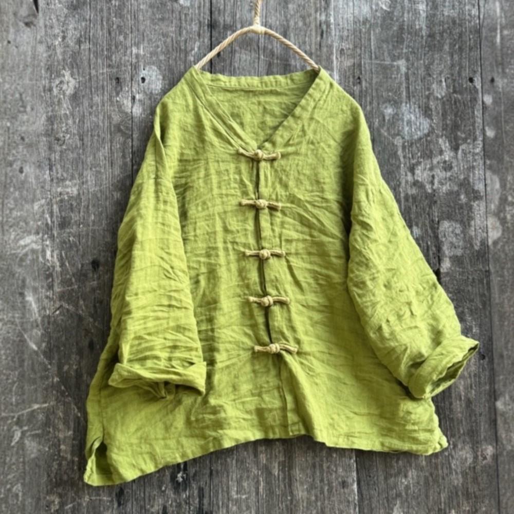 Johnature Women Vintage Shirts Solid Color Stand Long Sleeve Blouses Autumn Button Loose Chinese Style Top