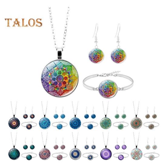 1 Set Women Jewelry Set Flower Print Glass Pendant Vintage Ethnic Style Prom Party Earrings Necklace Bracelet Combo Ideal Christmas Gift