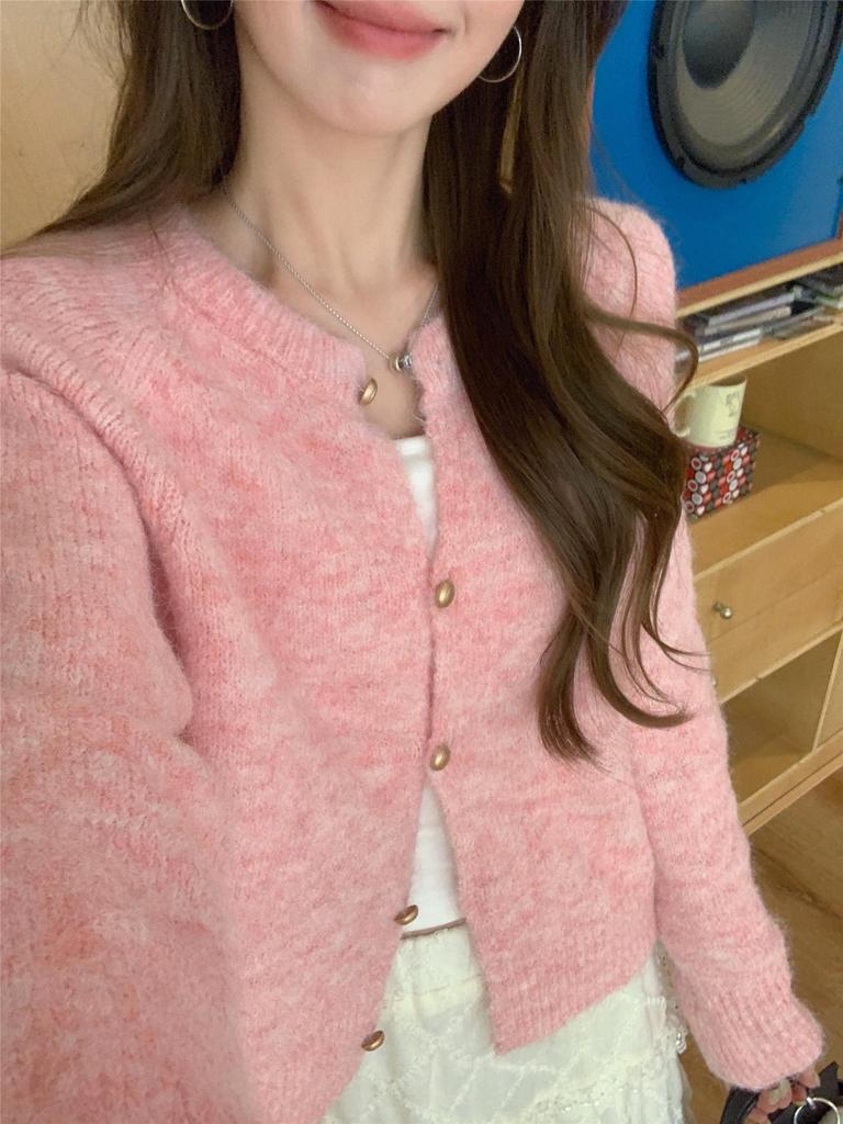 2025 Autumn/Winter Korean Style Soft & Fluffy Knit Cardigan with Gold Buckle and Round Neck for Women