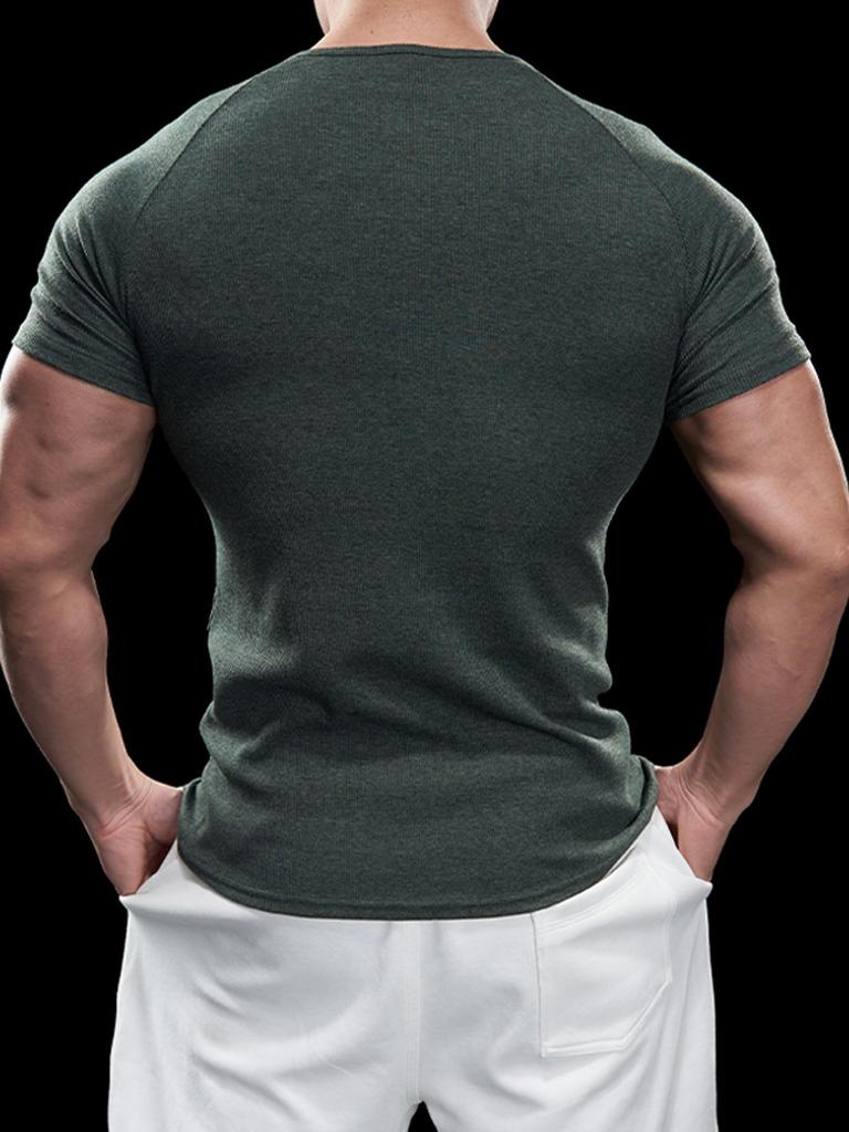 2024 Men's Semi-Tight Henley Fitness Shirt - Solid Color Striped Stretch Short Sleeve Athletic Top