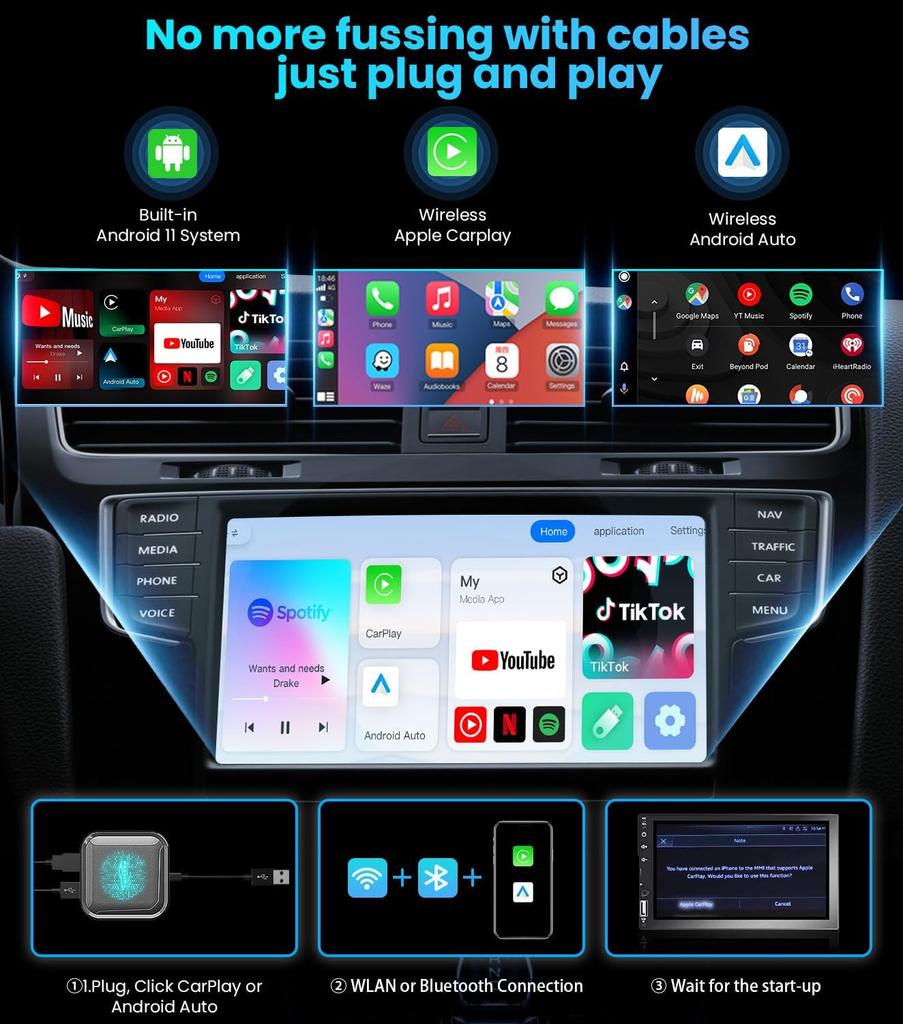 Magic Ai Box 2.0 Wireless CarPlay & Android Auto Adapter, LED HDMI Dongle for Phone to Car/TV Streaming
