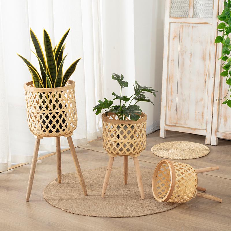 Nordic Style Bamboo Woven Plant Basket - Rattan Balcony Pothos Stand