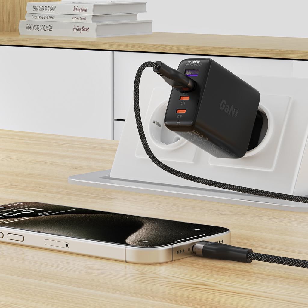 USB-A - USB-C 3A cable with magnetic organizer 1.2m - black