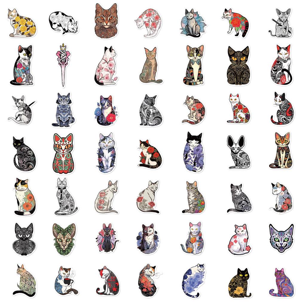 50-Piece Set No Duplicates: Edgy Vintage Cool Tattoo Cat Series Stickers - DIY Decor for Laptops, Phones Backpacks Water Bottles