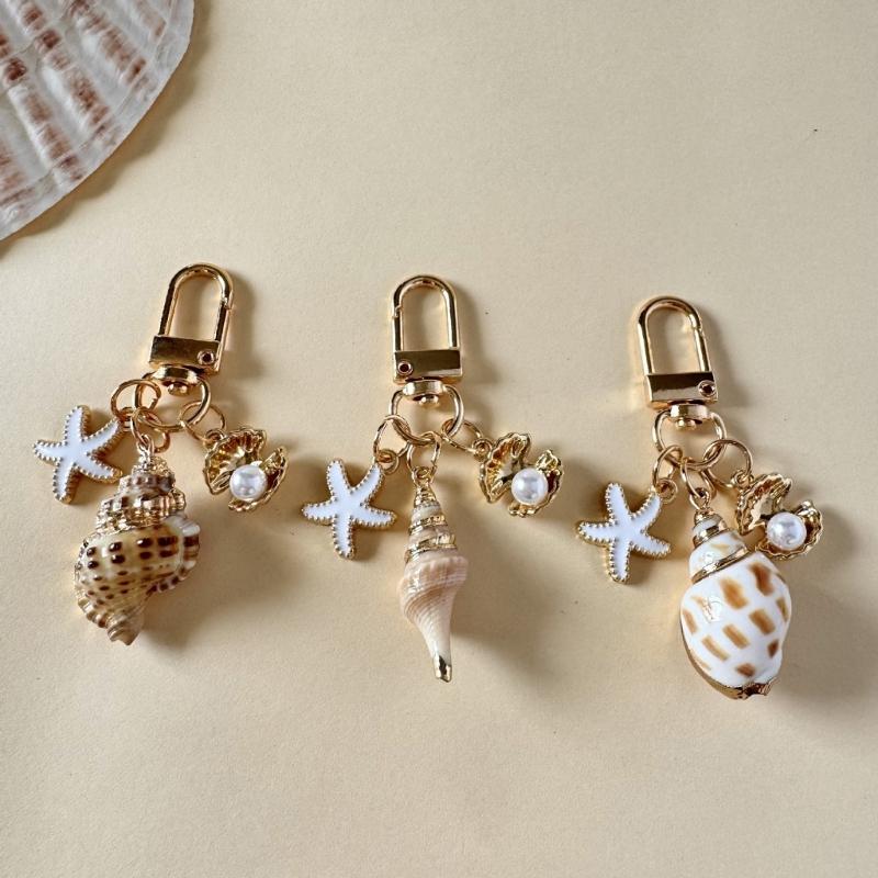 Oceanic Shell Alloy Keychain Pearls Accent Lightweight Versatile Purse Charm Jewelry Multi Functional Accessory