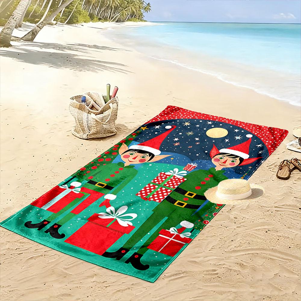 Festive Elves Spreading Joy Print Beach Towel, Quick Drying, Suitable for Travel, Outdoor Sports, Jogging, the Beach and Swimming, Gift