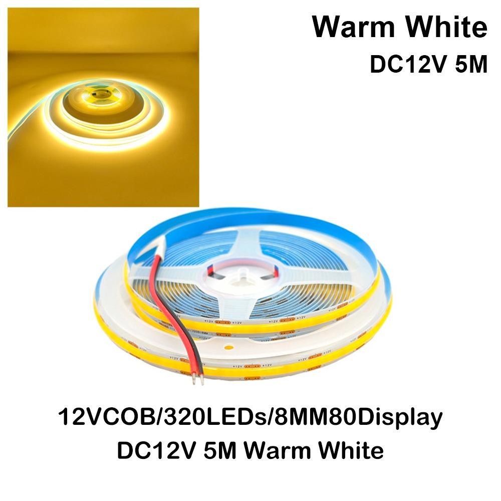 1Roll DC12/24V 320LED COB LED Strip Light Super Bright 5m 10m Flexible Lamp High Density RA90 Warm White Natural White
