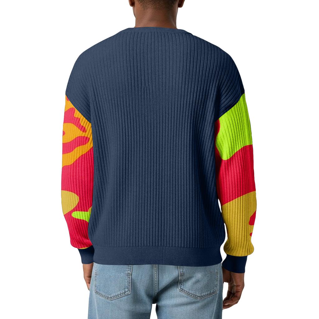 Men's Camouflage Stylish V-Neck Ribbed Textured Long-Sleeve T-Shirt