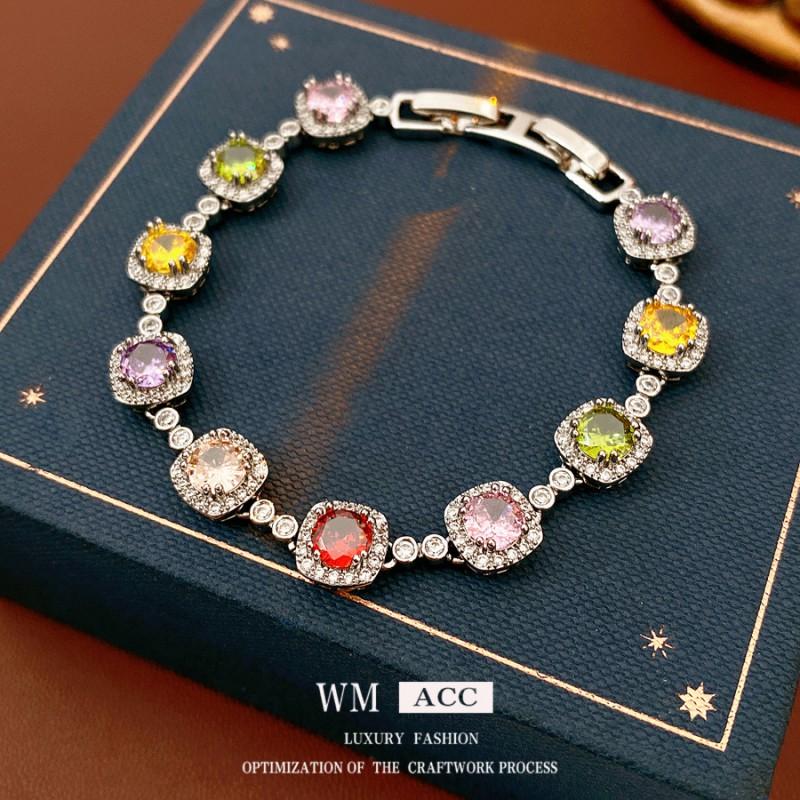 Vintage-Inspired Round Zircon Clip Bracelet Women Silver-Tone Copper Alloy With Colorful Gemstones Geometric