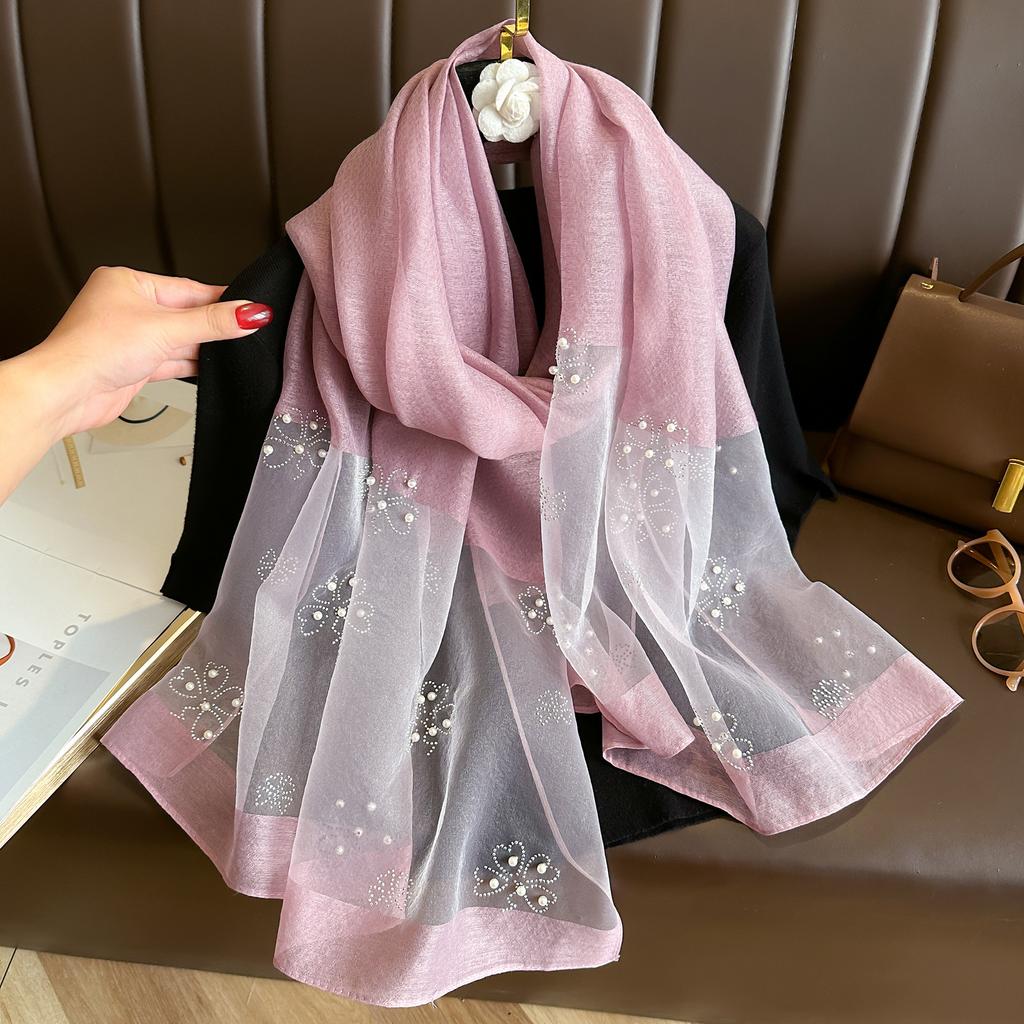 Eleganter Strass Luxus Seidenschal Perle Weich Schmetterling Hijab Schals Foulard Groß Glänzend Spitzenschal Weiblich