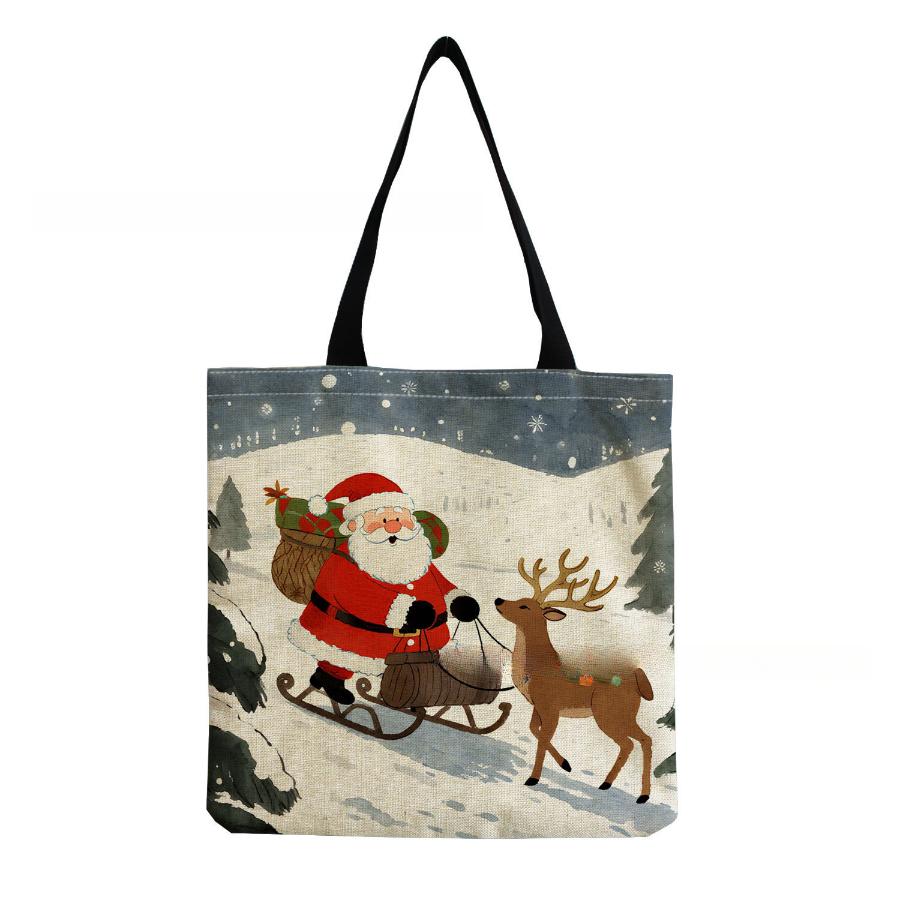 Women Vintage Linen Tote Bag - Large Capacity Christmas Print Shoulder Handbag for Casual & Grocery Shopping KTB