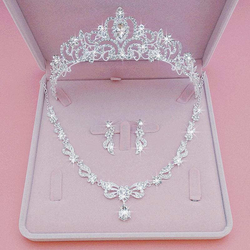 BY4334 Bridal Rhinestones Crown Necklace Earrings Set Wedding Crown Jewelry Set