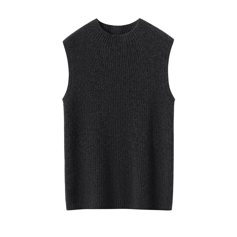Women's Cashmere Ribbed Sleeveless Slim-Fit Pullover Sweater with Half-High Neck
