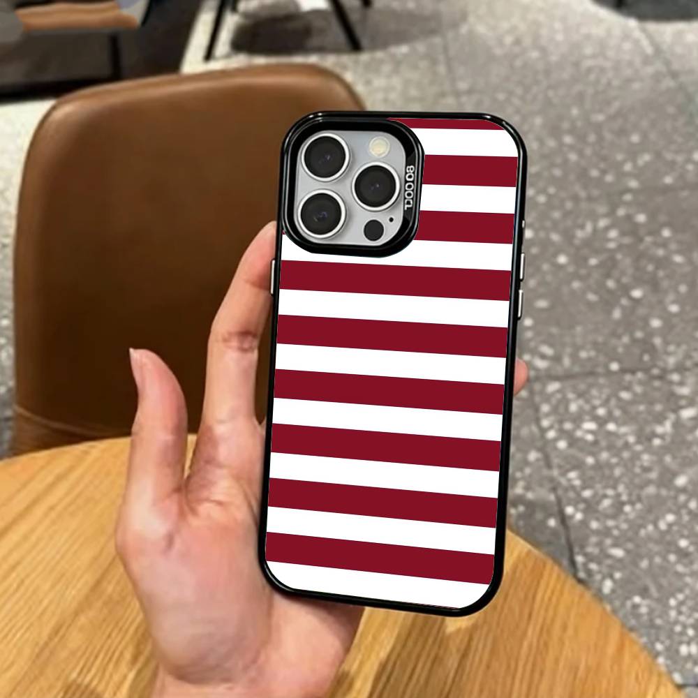 B-Burgundy White Stripe    Phone Case For iPhone17,16,15,14,13,12,11 Plus,Pro Max Colored Silver Plated Inside Cover