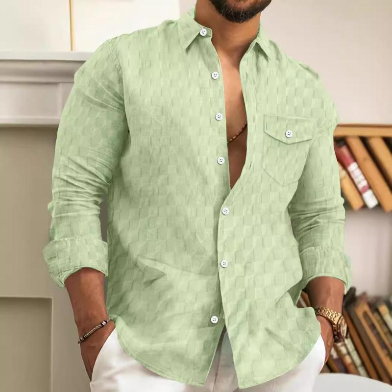 Spring and Autumn New Men's Casual Tops Plaid Jacquard Long Sleeve Lapel Shirt