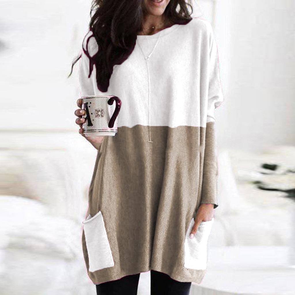 Women Fashion Casual Long Sleeve Patchwork Pockets Loose Tops Blouse