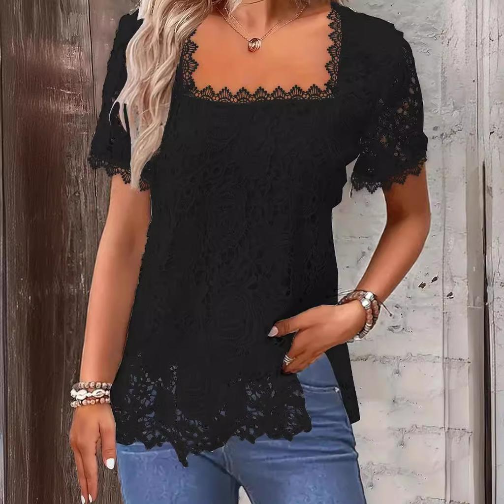 Sommer Damenmode Einfarbiges Lässiges T-Shirt mit quadratischem Ausschnitt und Spitzenkante