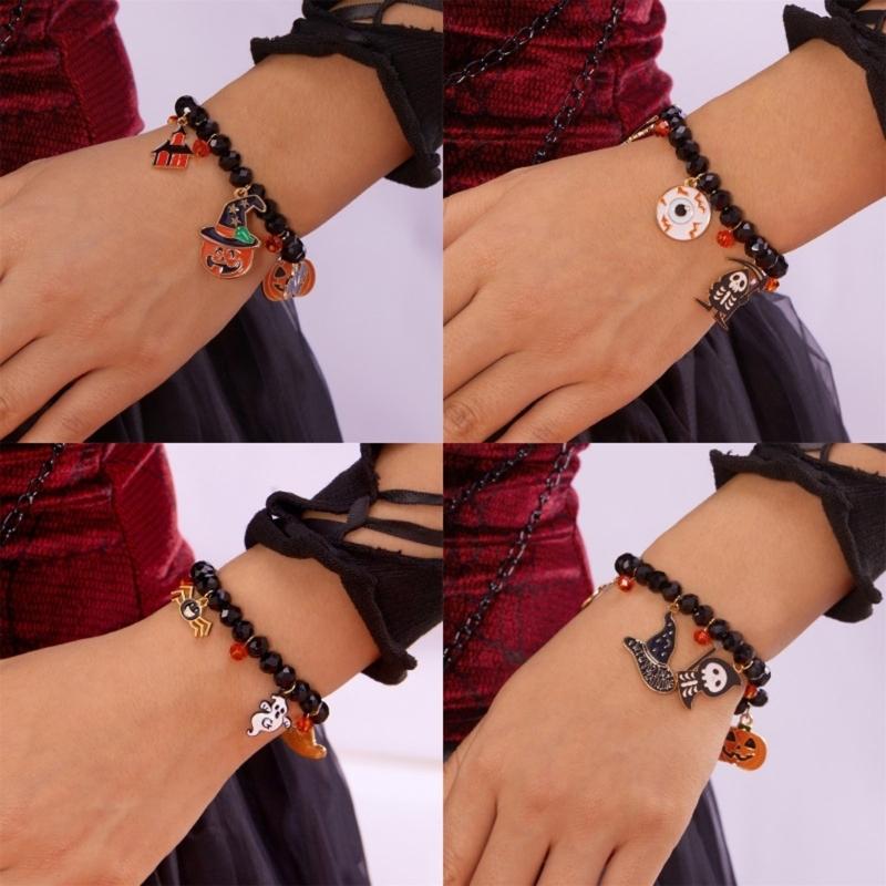 Halloween Wraith Pumpkin Bat Alloy Bracelet Lightweight Jewelry Beaded Wrist Chain Bangle For Women And Girls