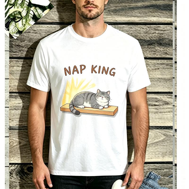 2026 New Unisex Cute Sleeping Cat Nap King Lazy Cat Graphic Short Sleeve TShirt Soft Cotton Vintage Casual Summer Top Pet Fans