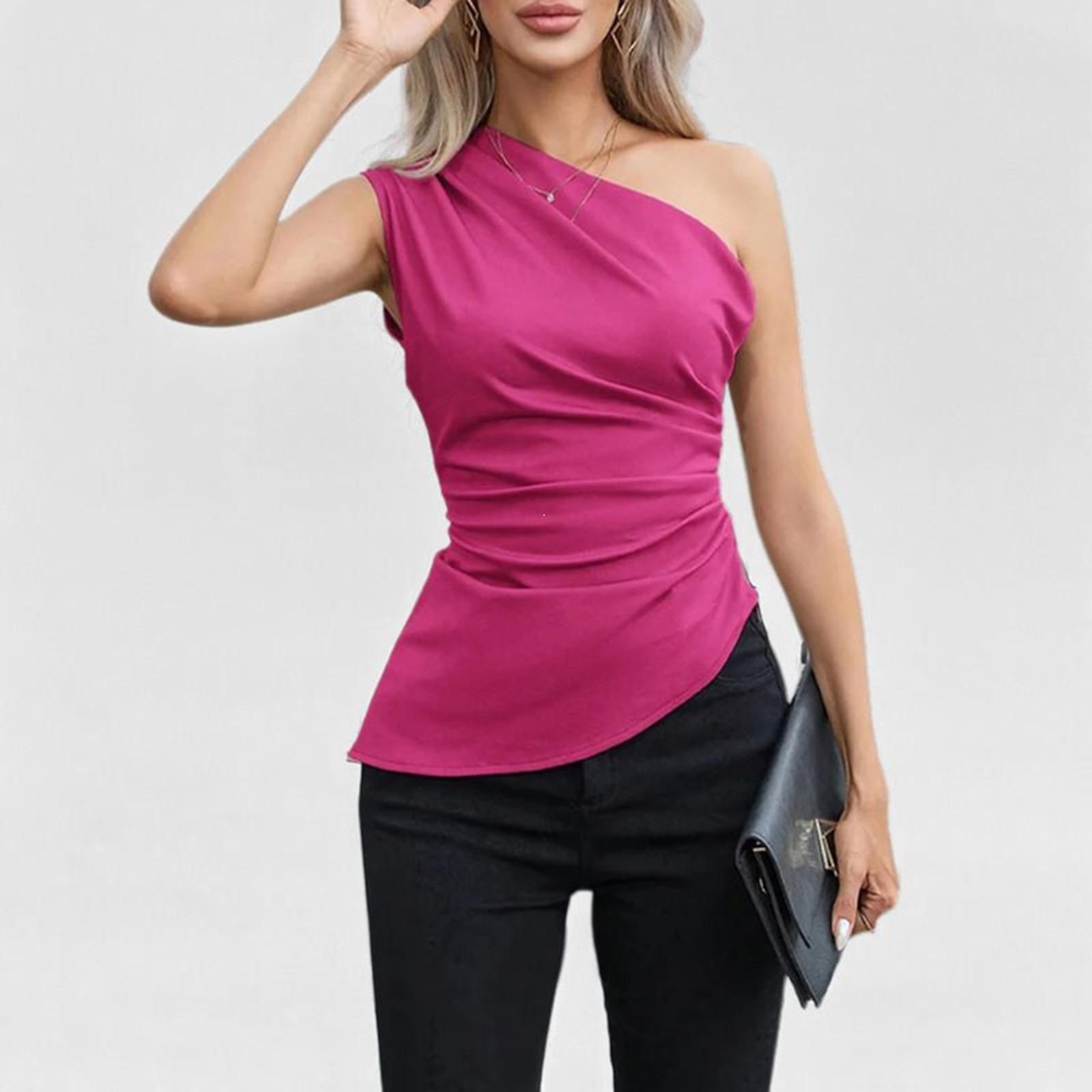 

Women’s One Shoulder Asymmetrical Hem Ruched Top Sleeveless Elegant Fitted Blouse for Casual or Office Wear XXXL