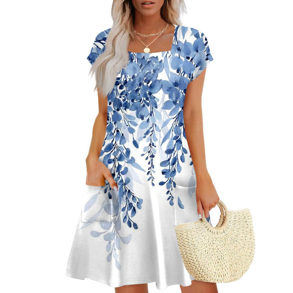 Summer Dresses For Women Loose Square Neck Cap Sleeve Casual Beach Vacation Tshirt Dress Sundresses With Pockets