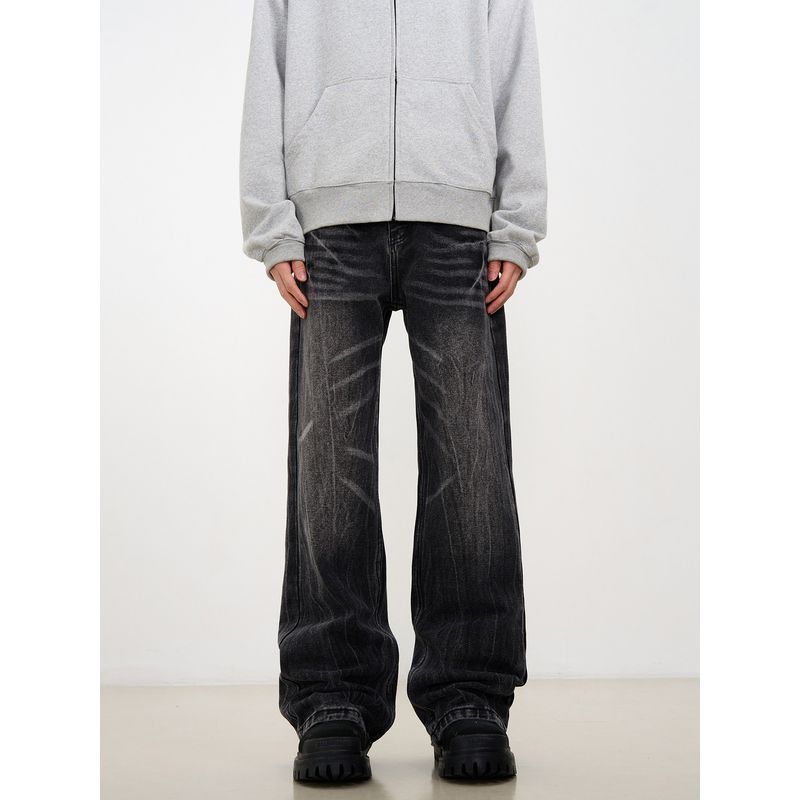 Kisko High Street American Lightning Pattern Washed Black Jeans Men's Trendy Straight-Leg Slimming Cleanfit Long Pants