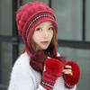 Damen-Set aus gestrickter Wolle für den Winter, Mütze und Handschuhe mit dicken Ohrenschützern aus Samt zum Radfahren