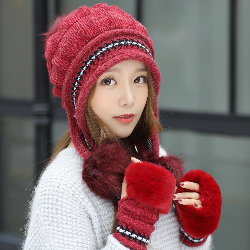 Damen-Set aus gestrickter Wolle für den Winter, Mütze und Handschuhe mit dicken Ohrenschützern aus Samt zum Radfahren