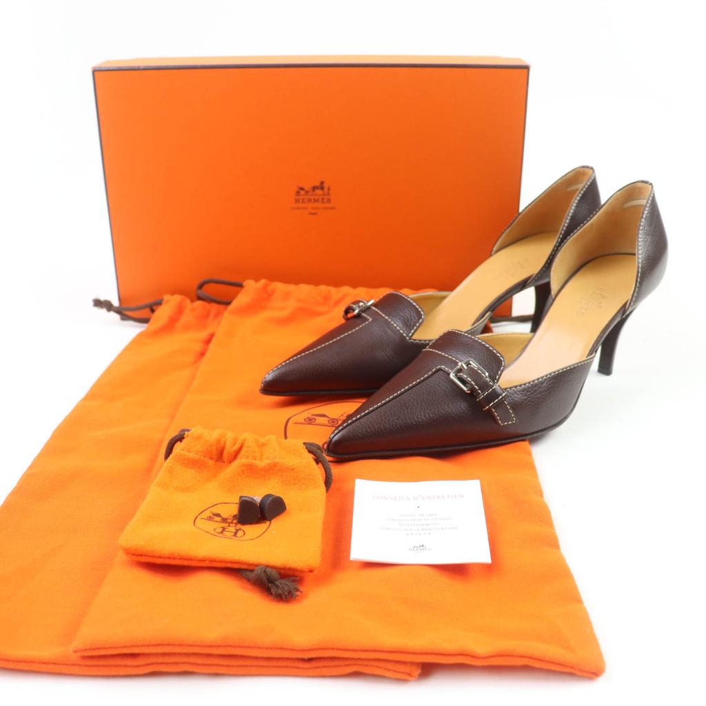 Pristine HERMES pumps Stitched Buckle Design Leather Brown leather Women 36.5 Used