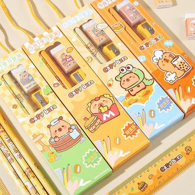 2Set Cute Cartoon Capybara Pencil Stationery Set Kawaii 5Pcs/Set Eraser Pencil Sharpener Children Student Stationery Supplies