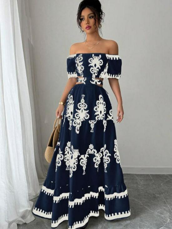 2026 Ethnic Style One-Shoulder Floral Pullover Long Dress for Women - Spring Collection
