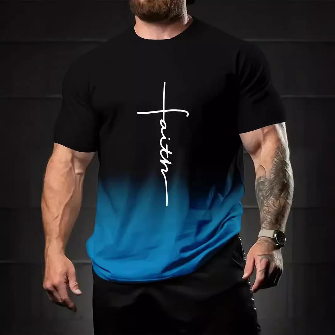 

Summer Round Neck 3D Gradient letters Print Top Fashionable Casual Short Sleeved Men s T-shirts S