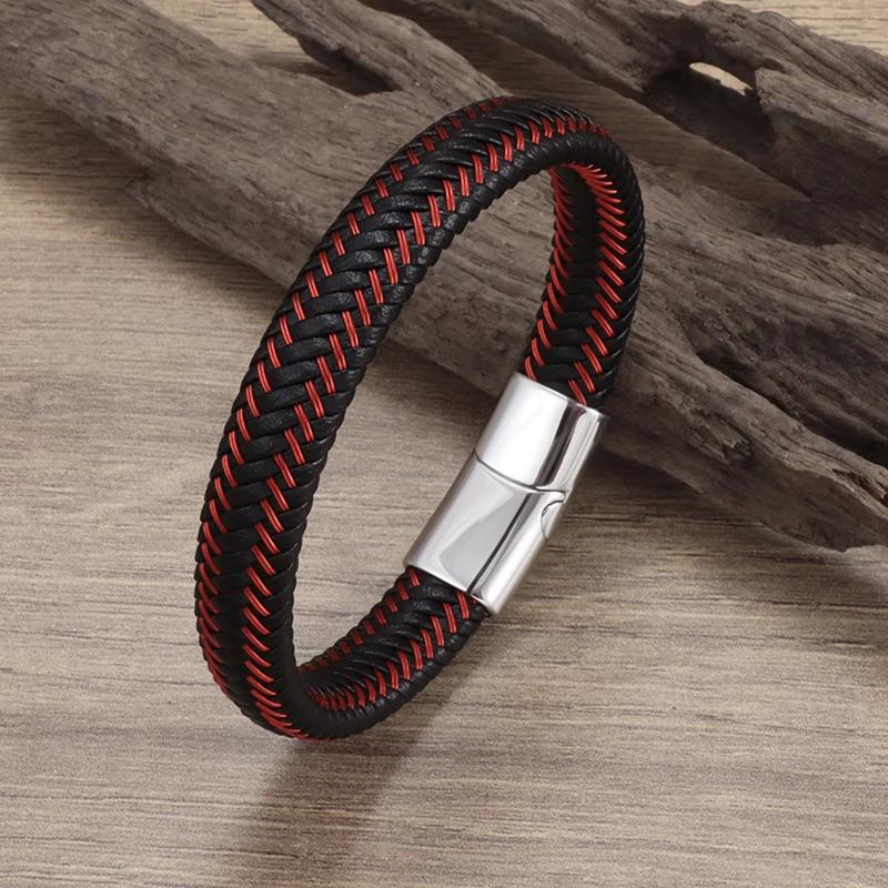 Double Layer Punk Brown Braided Leather Bracelet for Men with Metal Magnetic Clasp Stylish Business Bracelet Jewelry Gift