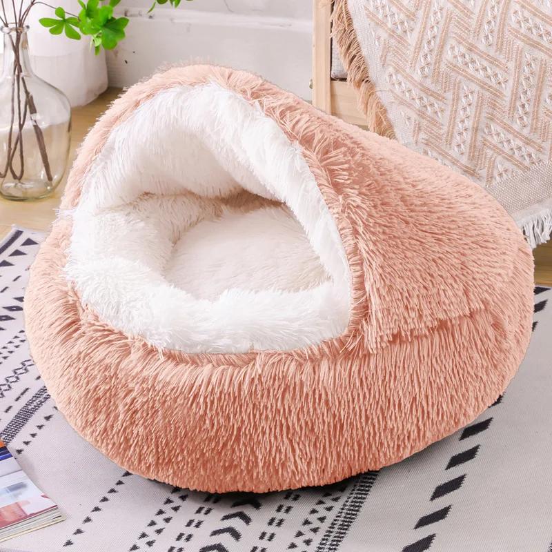 Cat Bed Round Plush Fluffy Hooded Cozy Cat Bed Cave for Indoor Donut Self Warming Small Dog Bed Anti-anxiety Puppy Kennel