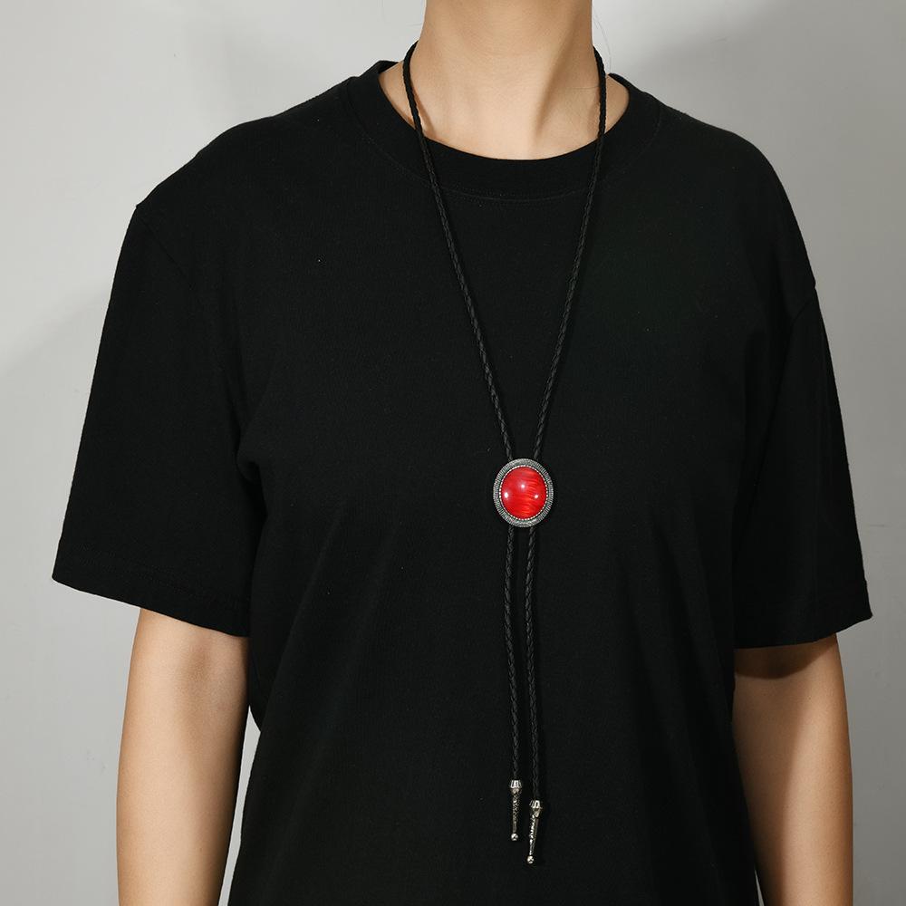 Simple Fashion Leather Sweater Chain Vintage Acrylic Gemstone Hip Hop Style Long Poirot Tie Collar