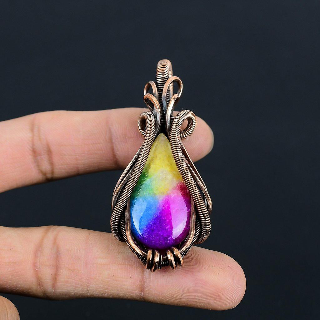 Funkelnder Regenbogen Solarquarz Edelstein Handgefertigter Kupferdraht Wickel Schmuck Anhänger Zum Geschenk