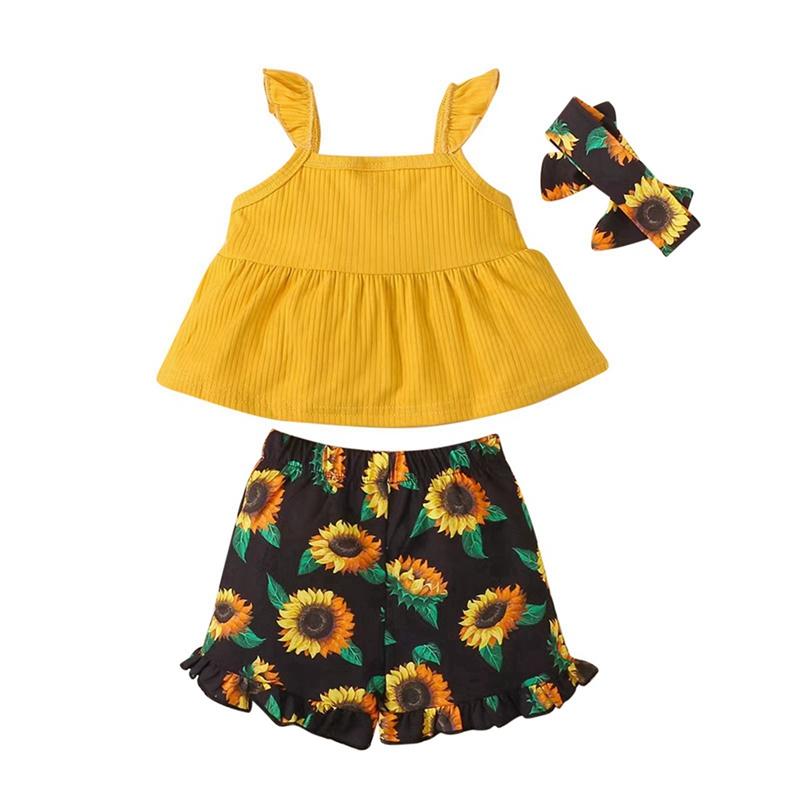 

Летний комплект одежды для девочек, детский однотонный топ без рукавов и шорты с цветочным принтом 5