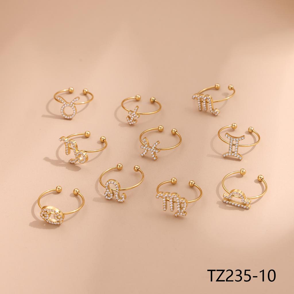 CARLIDANA Vintage Letter Heart Adjustable Gold Plated Stainless Steel 12 Zodiac Sign Zircon Letter Open Ring Jewelry Women