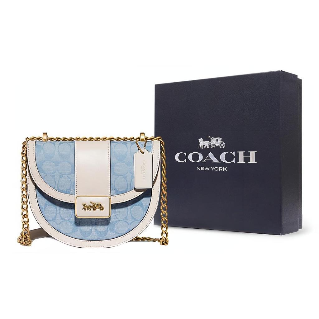 Coach Alie 21 Monogram Color Block Chain Chambray Canvas Print Leather And Fabric Saddle Bag Crossbody Small Women saddle bag C4694-B4SUX