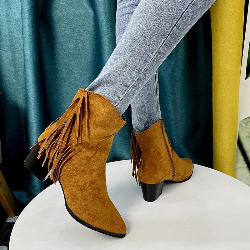 Fashion Shoes Female 2024 Plus Size Ankle Women's Boots Retro Modern Boots Women Fringe Pointed Toe Side Zip Chunky Heels Ladies Shoes